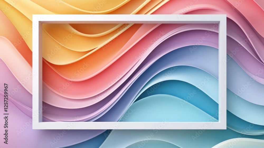 Poster Wavy colorful layered paper background within a white rectangular frame