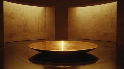 Golden-Bronze Bowl Reflects Light in Dark Circular Room