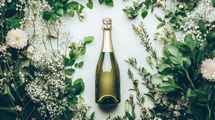 Champagne bottle surrounded by flowers and greenery, representing a minimalist celebration of spring and joy