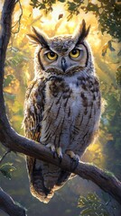 Great Horned Owl Perched on Branch in Lush Forest at Dawn