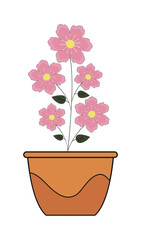 Spring colorful flowers in pot. Showcasing fall-inspired balcony decor against a simple white backdrop. Vector illustration.