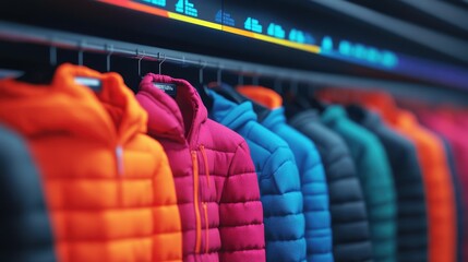 A vibrant collection of colorful jackets displayed in a retail store, showcasing various styles and textures for winter wear.