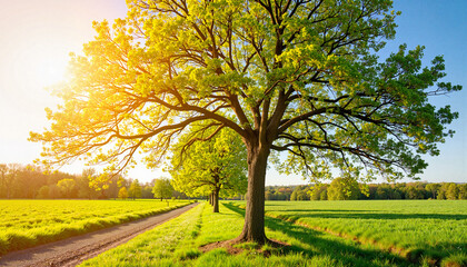 Fototapeta premium Vibrant elm trees glowing in afternoon sun along rural path, serenity