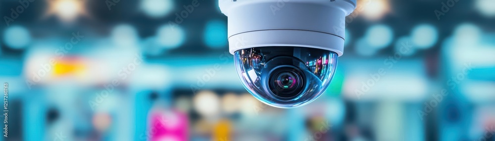 Poster surveillance camera mounted on ceiling for monitoring security in indoor environment