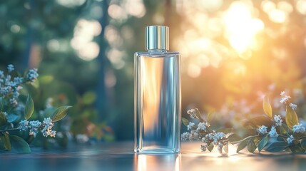 Clear rectangular perfume bottle presented against a natural backdrop