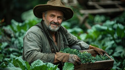 Mature farmer harvesting fresh vegetables in a lush garden surrounded by greenery and tools
