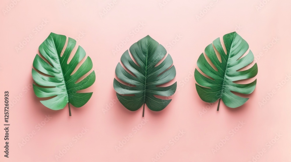Poster three monstera leaves arranged symmetrically on a peach background