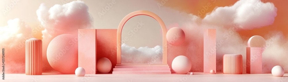 Poster pastel geometric shapes float amidst ethereal clouds and light hues