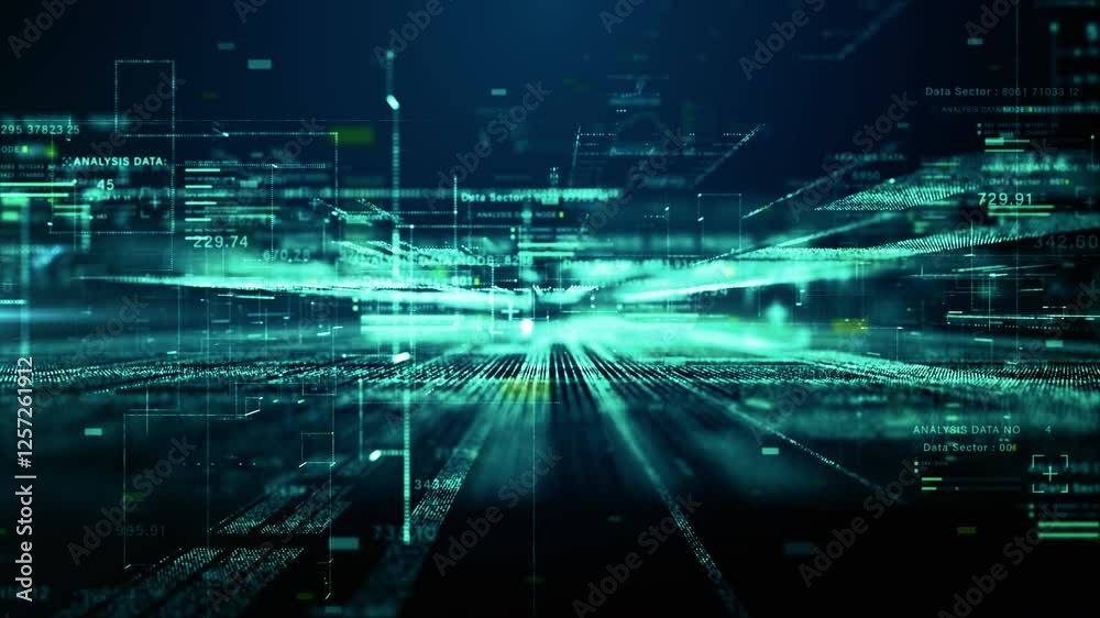 Fototapete Cloud computing and digital data network with futuristic cyber technology elements, glowing lines, and numeric codes, representing big data, AI, and cybersecurity concepts. Motion 4K resolution.