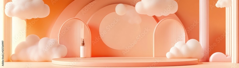 Aufkleber serum bottle displayed on a peach colored set with clouds