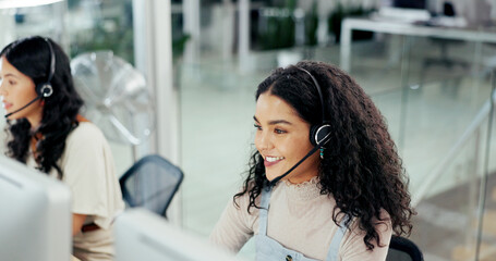 Call center, computer and smile with woman in office for flight booking, customer support and...