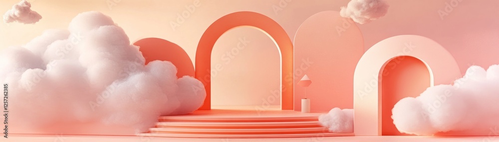 Poster dreamy peach podium with arches and floating fluffy clouds