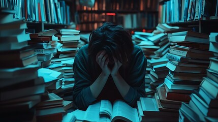 Sad student in a library, surrounded by books and papers, face buried in hands due to overwhelming academic pressure