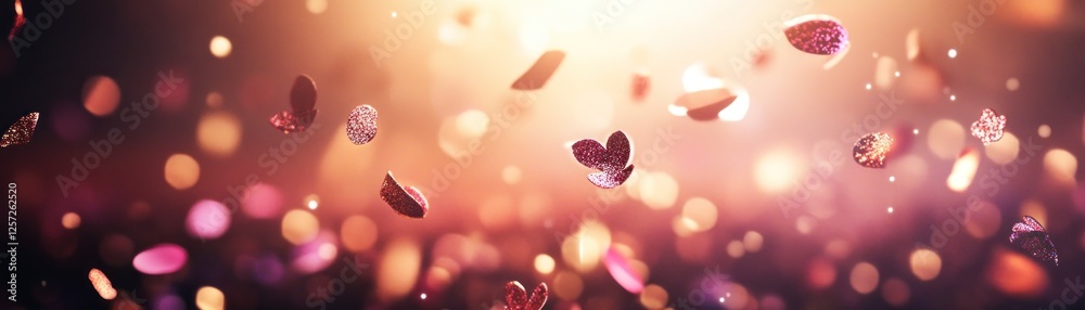 Poster sparkling glitter hearts fall against a warm bokeh background