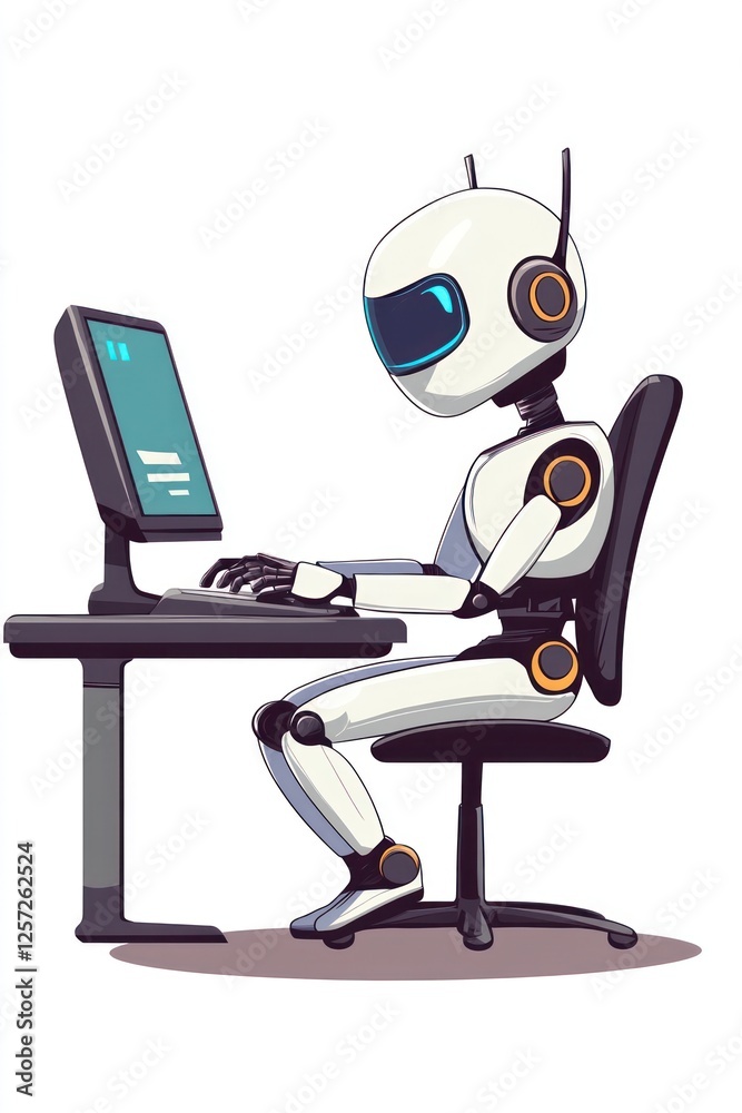 Poster robot working at computer in modern office setting