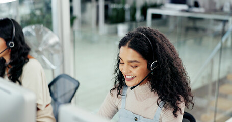 Customer support, computer and smile with woman in office for flight booking, call center and itinerary planning. Travel agent consulting, help desk and vip program with person in tour guide agency