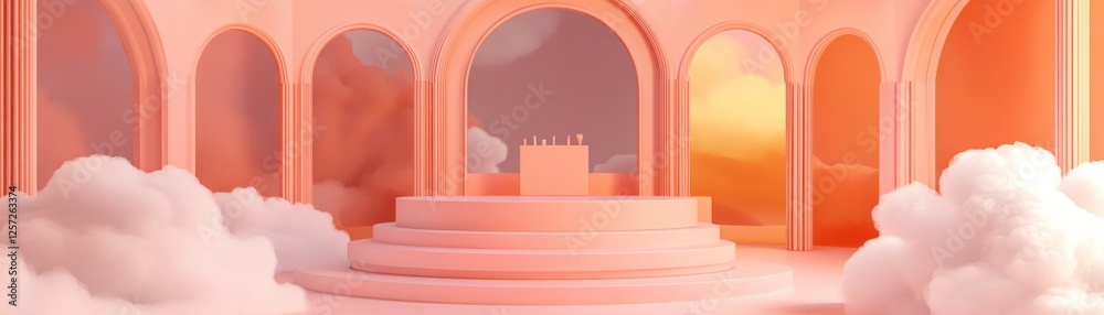 Poster Elegant salmon colored architecture with fluffy clouds and open sky