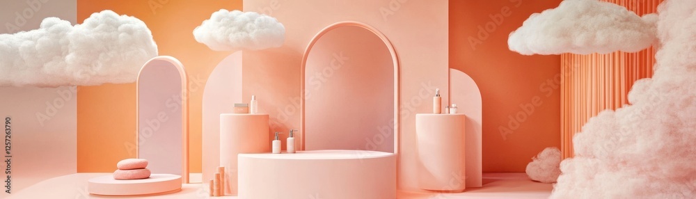 Poster pink stage set for product presentation with fluffy white clouds