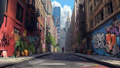 Fototapeta premium Urban Decay: Exploring Graffiti-Covered Alleyways, Showing Cityscape Views and Solitary Walker, Vividly.