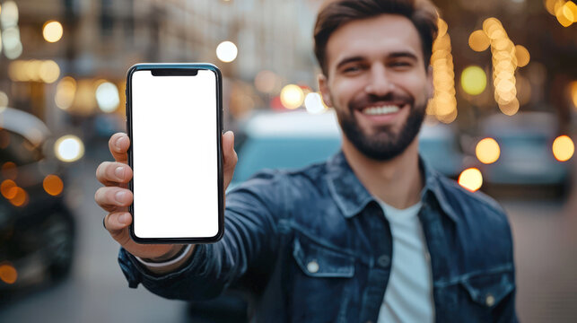 A bearded, happy man holds a white-screen phone in his hand and smiles while standing on a busy city street. A phone mockup for the presentation of a city mobile application