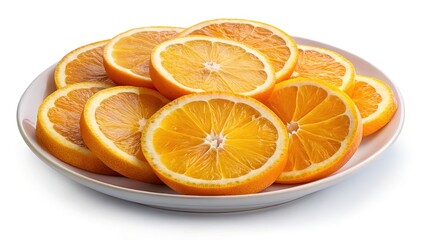 Sliced oranges on a white plate - A plate filled with neatly arranged, vibrant orange slices, showcasing the juicy, bright interior of fresh citrus fruit.