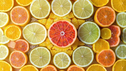 Fototapeta premium Exotic fruit slices arranged in a symmetrical kaleidoscope pattern, resembling a lively mosaic of nature s sweetness