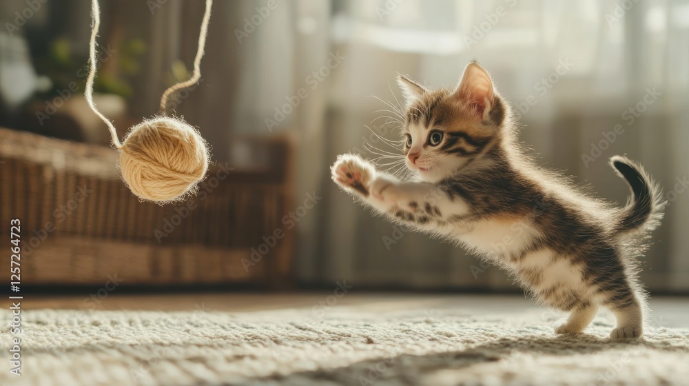 Poster Adorable tabby kitten playfully reaches for a ball of yarn