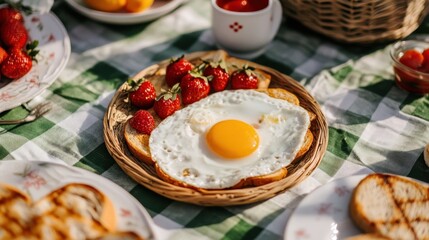 Delicious breakfast plate featuring fried egg, fresh strawberries, and toast on a picnic blanket, perfect for a summer outing.