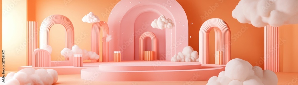 Aufkleber abstract peach colored room with platforms and fluffy white clouds