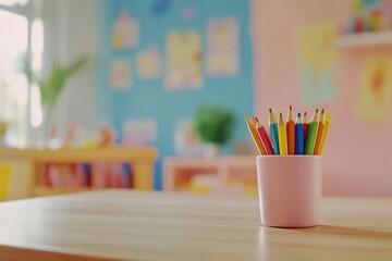 Colorful Pencils Arranged Neatly in Pink Holder on Wooden Table in a Playroom Setting