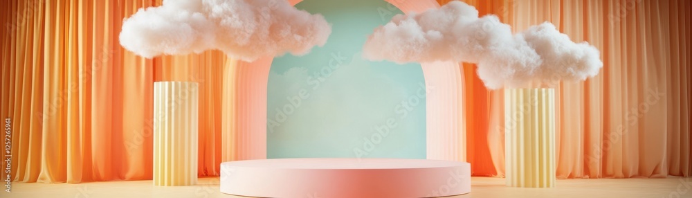 Aufkleber minimalist stage with pink podium columns and fluffy clouds