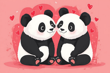Obraz premium Two adorable cartoon pandas sitting closely together on a pink background adorned with hearts