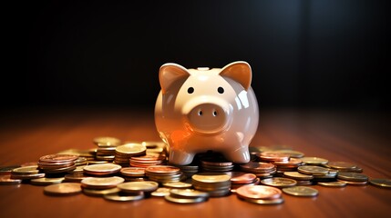 Piggy bank surrounded by scattered coins