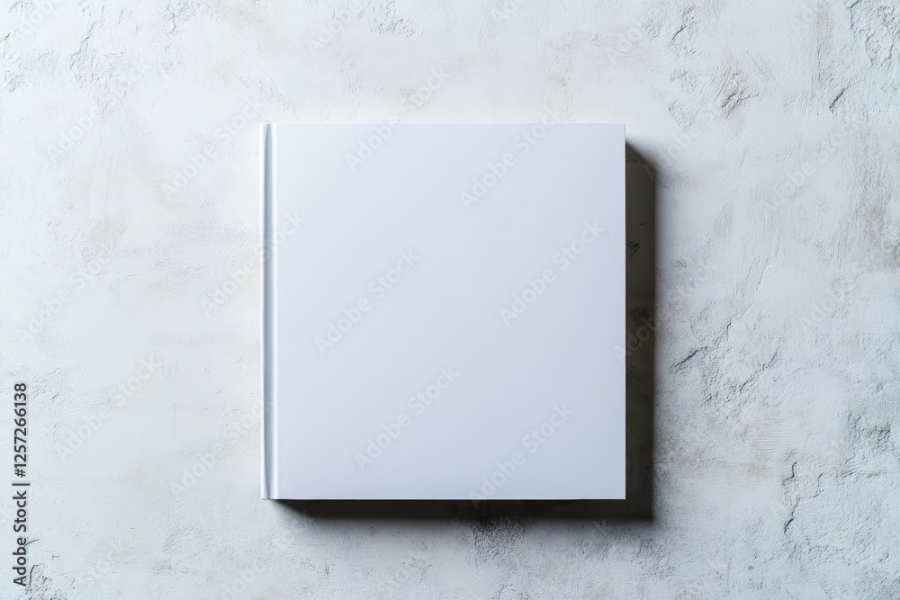 Poster white book resting against a plain white wall in a minimalistic interior setting with soft lighting
