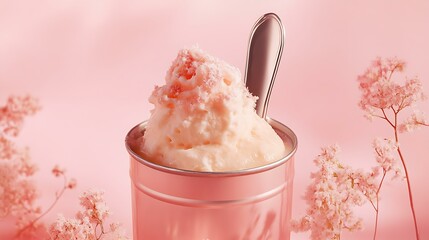 A romantic dessert served in a tin can against a pastel pink background, emphasizing creative food presentation