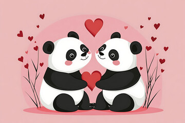 Fototapeta premium Two cute pandas holding a heart together, surrounded by floating hearts and soft pink background