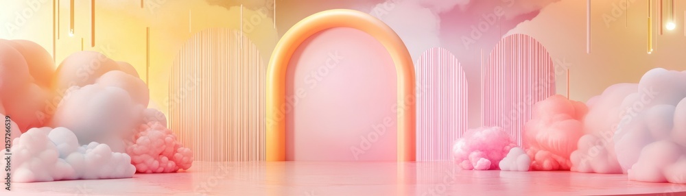 Poster dreamy pastel backdrop features clouds arch and vertical lines