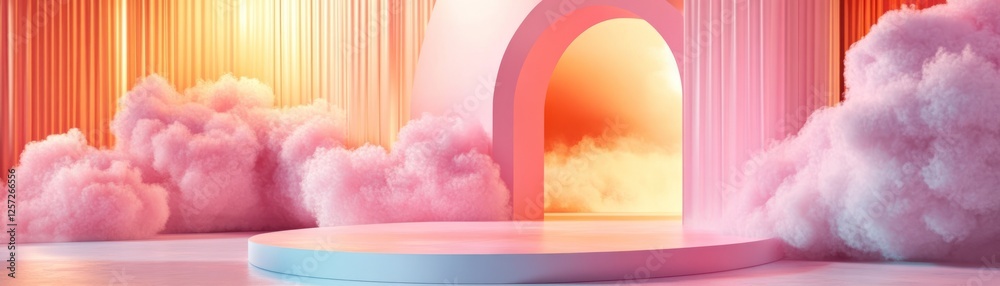 Poster dreamy abstract scene with pink clouds and round platform