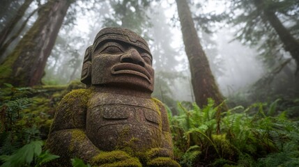 Obraz premium A moss-encrusted stone figure stands half-buried in the forest, surrounded by fog and ancient trees, evoking an air of mystery and enchantment