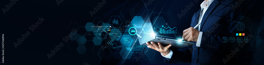 Poster Businessman using tablet for data business searching analysis financial data customers database, Algorithm, Data science, Corporate strategy for operations, sales and marketing, Global business.