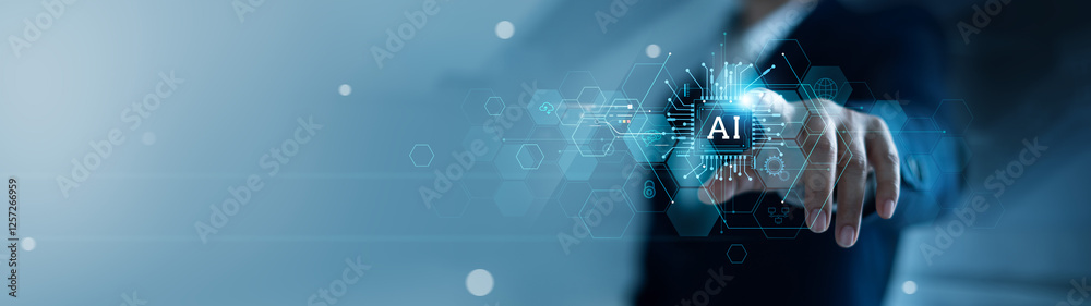 Poster AI, Artificial Intelligence, Businessman touching on AI machine learning to analyze data, increase work efficiency or business assistant, Data Science, big data,  Information technology concept.