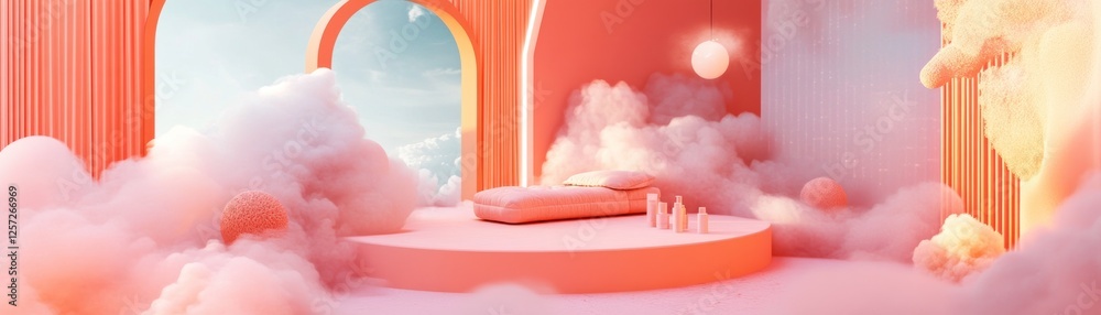 Poster dreamy cloudscape scene with peach platform and minimalist decor