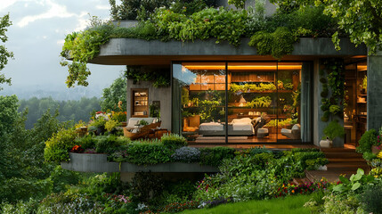Obraz premium Eco-friendly house, hilltop garden, sunset view, sustainable living