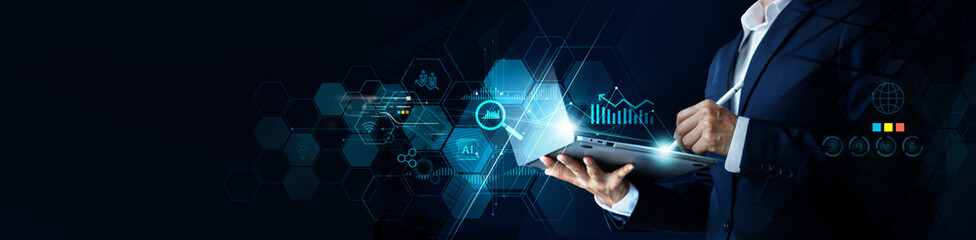 Businessman using tablet for data business searching analysis financial data customers database, Algorithm, Data science, Corporate strategy for operations, sales and marketing, Global business.
