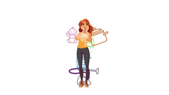 The woman is surrounded by household chores and everyday difficulties. Looped, flat animation.