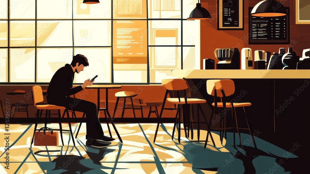 Poster man using phone while sitting in a cafe interior