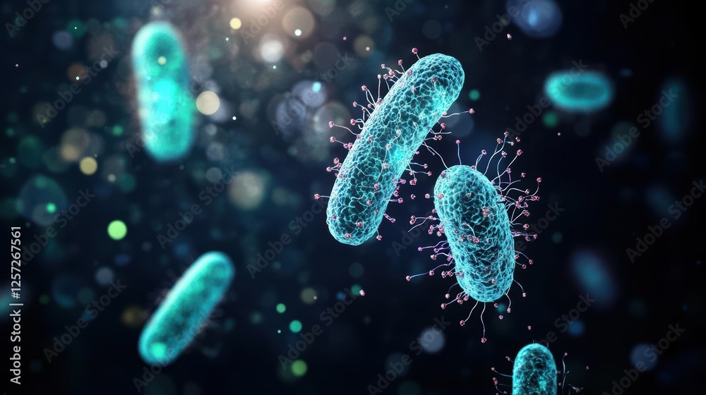 Poster group of bacteria clusters illuminated in darkness under a microscope close up in scientific researc