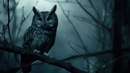 An owl is perched on a branch at night