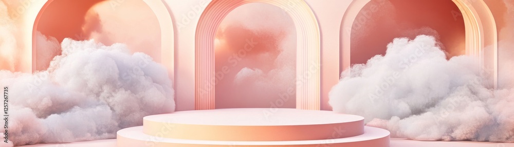 Aufkleber Pink backdrop with clouds and arched openings for product display