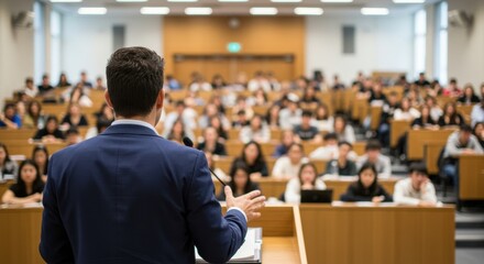 University lecture: professor engaging students in a packed classroom